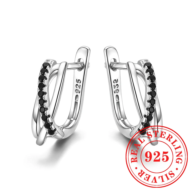 Huitan 925 Sterling Silver Hoop Earrings Cross Black Stone Minimalist Low-key Party Jewelry New Trendy Daily Wearable Accessory