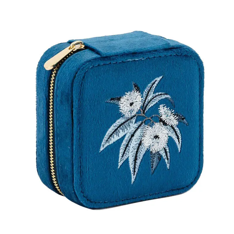 Embroidered Flannelette Bracelet Holder Case Square Classic Chinese Earring Zipper Box Jewelry Display Travel Storage Box