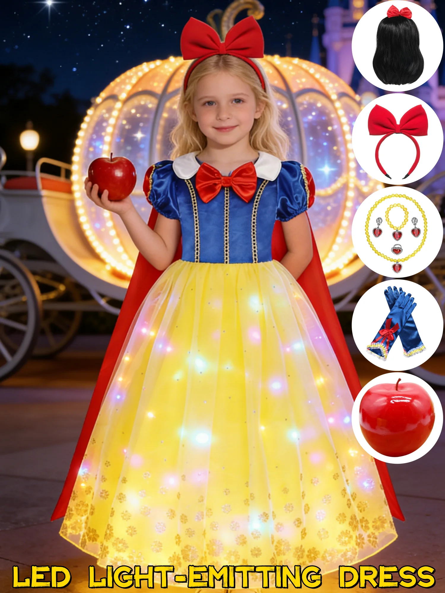 Popular Movie LED Princess Dress, White Snow Dress, With Cape And Headpiece For Halloween Carnival Birthday Party Cosplay