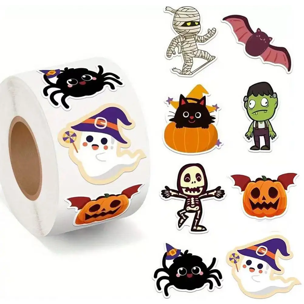 500Pcs/Roll Halloween Sticker Pumpkin Ghost Spider Bat Thank You Seal Sticker For Candy Bag Scrapbooking Gift Box Label Decor