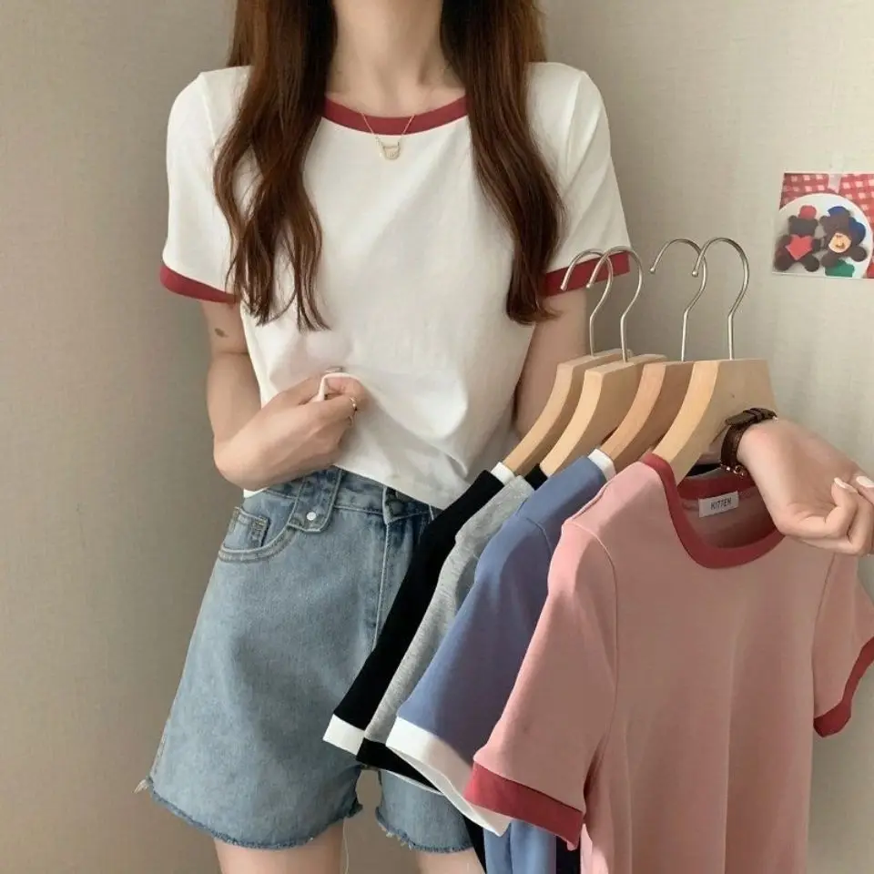 

Color Blocking Round Neck Short Sleeved T-shirt for Women, 2025 New Summer Base Shirt, Slim Fit Short Student Top Trend