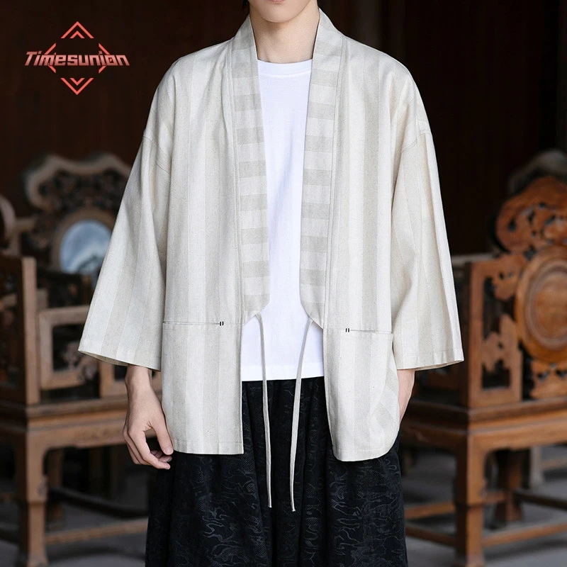 

Летняя дышащая полосатая юката унисекс, модный льняной кардиган-блузка, азиатская одежда, японское кимоно в стиле Харадзюку для косплея