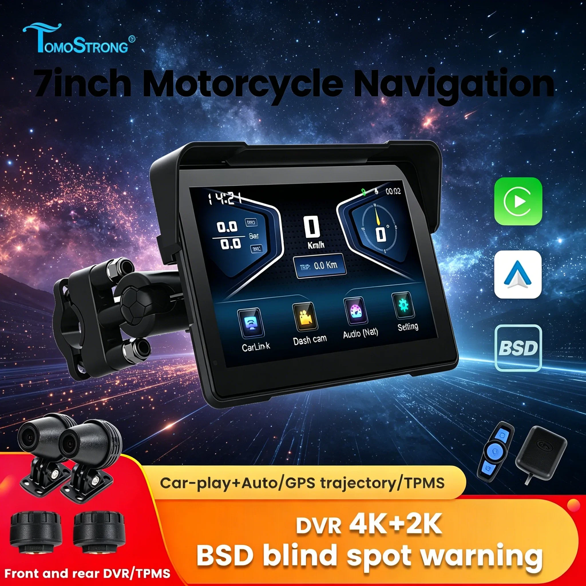 

TomoStrong 7 inch Motorcycle GPS Navigation BSD Blind Spot system Wireless Dual BT Carplay Android Auto Portable Digital Screen