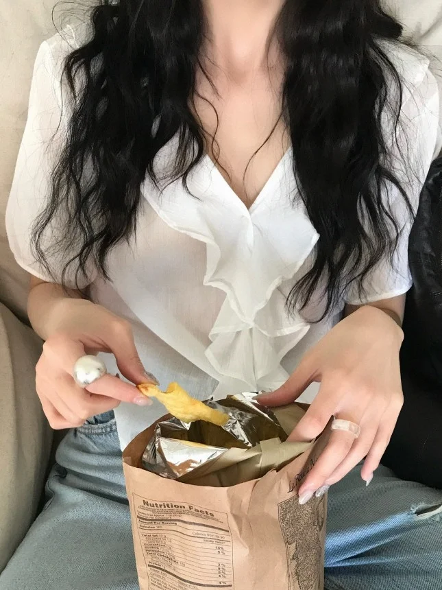 

Sweet Youthful ort Sve Women's irt V-Ne Single Button Bubble Sve Top Summer Blouse Floral Lace Hemline Commute Sle