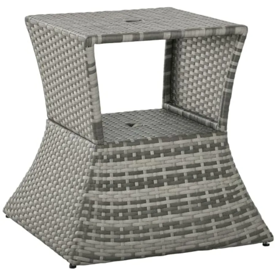 

Outdoor Side Table with Umbrella Hole, 2-Tier Rattan Wicker End Table in Mixed Gray, All-Weather for Patio Garden Backyard