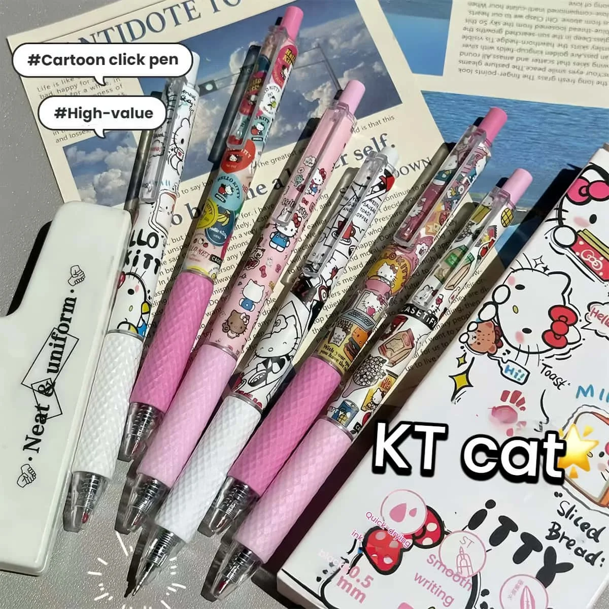 6 قطع/مجموعة أقلام جل قابلة للسحب بتصميم جديد من Hello Kitty - نقطة رفيعة 0.5 مم، حبر أسود |   كتابة سلسة، قرطاسية كاواي لطيفة لـ S