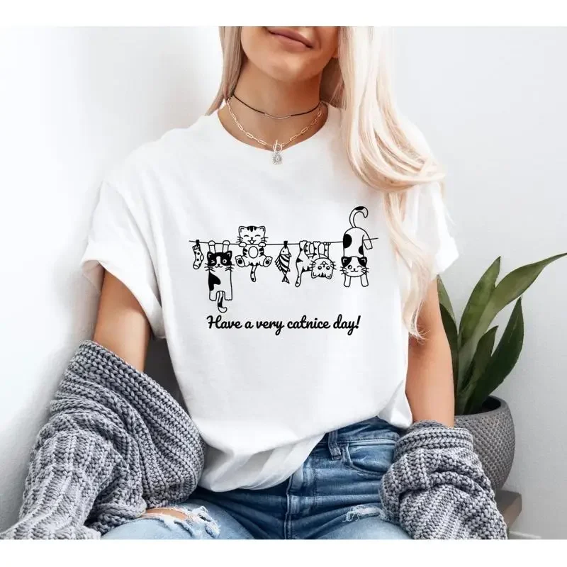 Funny Cat Heavy Cotton T Shirt Cute Kittens Hanging on Rope 'Have a Very Catnice Day' Lover Animal