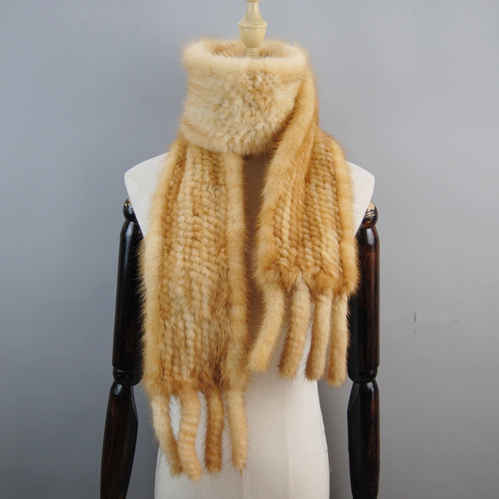 2024 Luxury Women Muffler 100% Real Mink Fur Scarf With Tassel Hand Knitted Natural Mink Scarves Neck Warmer Poncho Wholesale