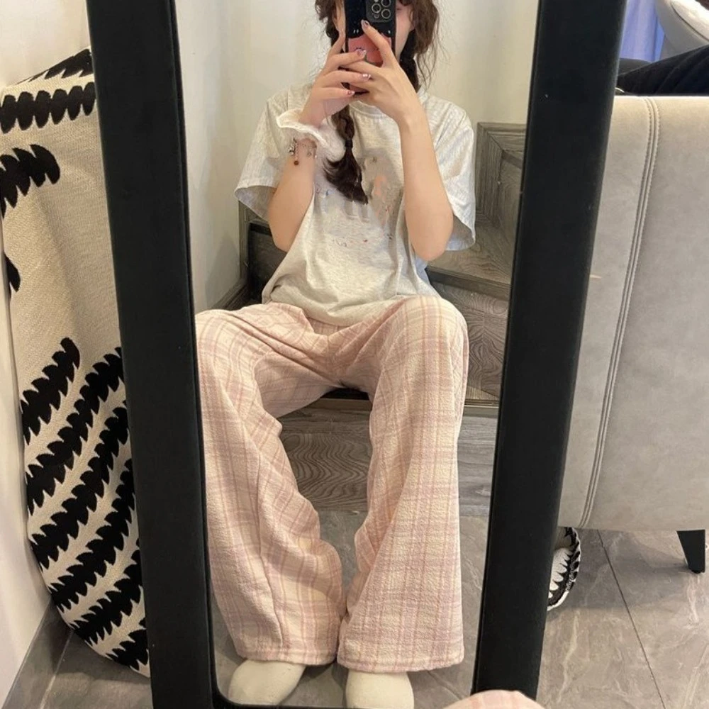 

Модные повседневные брюки в полоску и клетку для женщин, с высокой талией, широкие, свободные, для дома и сна, пижамные, для студентов