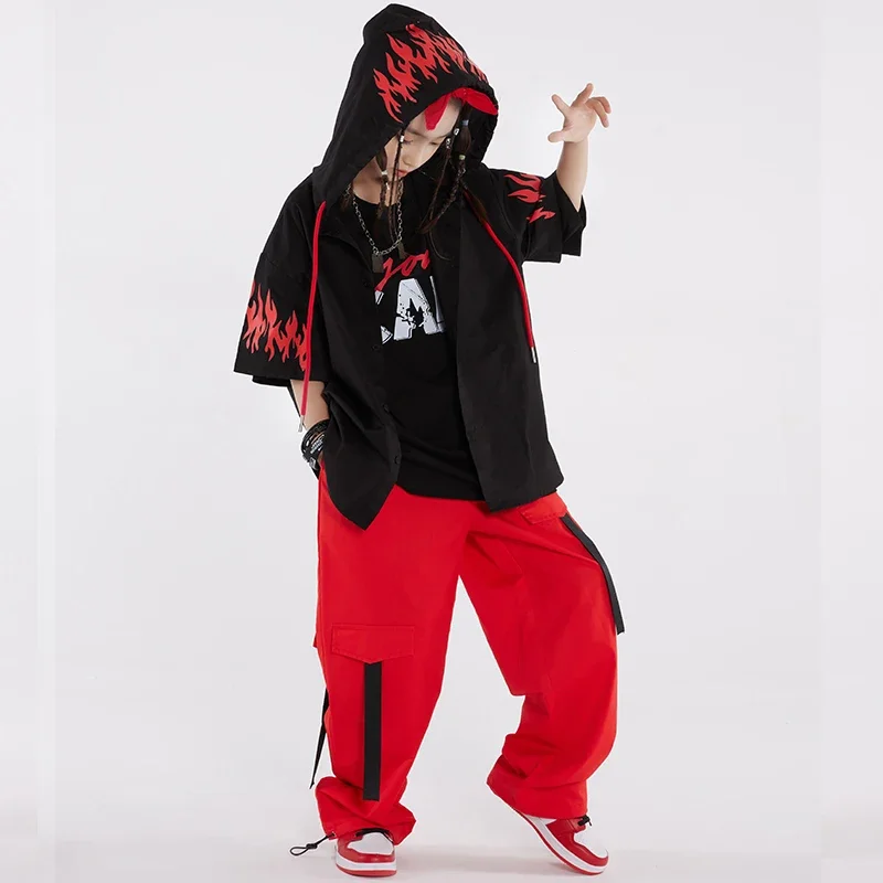 Ropa de actuación de baile moderno para niños, ropa de calle para niños, disfraz de baile de Hip Hop, camiseta negra suelta, pantalones rojos para niñas