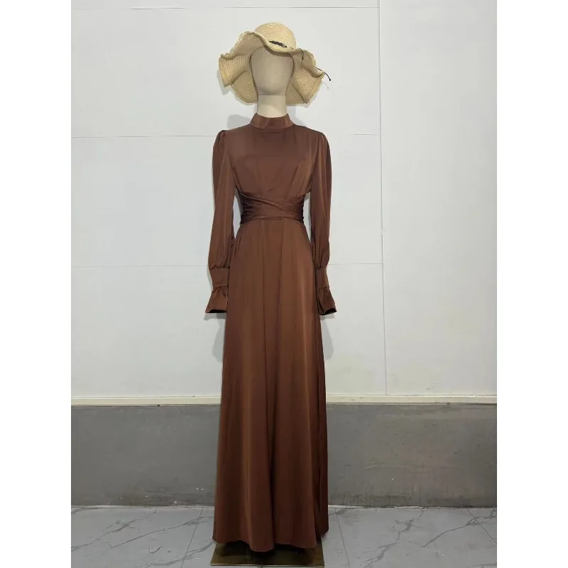 Vestido longo de cetim feminino primavera outono moda simples em torno do pescoço manga alargamento rendas até ajuste fino sexy festa vestido de noite