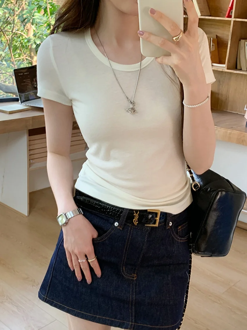 الغريبة كيتي 2025 تي شيرت غير رسمي جديد الصلبة شيك قصيرة الأكمام مكتب سيدة شارع العليا لطيف الحد الأدنى كل مباراة فضفاض تيز #3