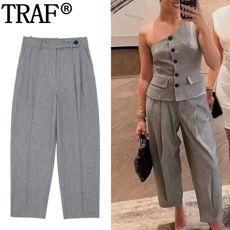 

TRAF Carrot Trousers Womens Pleated Grey Pants For Women High Waist Office Wear Baggy Pants Woman Casual Autumn Women's Pants