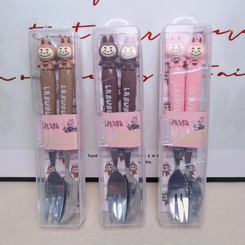 

Cute Labubu Stainless Steel Tableware Two-piece Set Children's Silicone Handle Tableware Portable Fork Spoon Children's Products