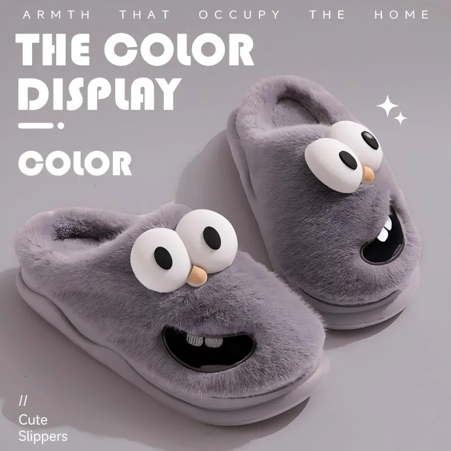 

Couple Cotton Soft Slippers Cute Cartoon Big Eye Dog Plush Slippers Women Men Winter Warm Anti Slip Indoor Home Couple Slippers