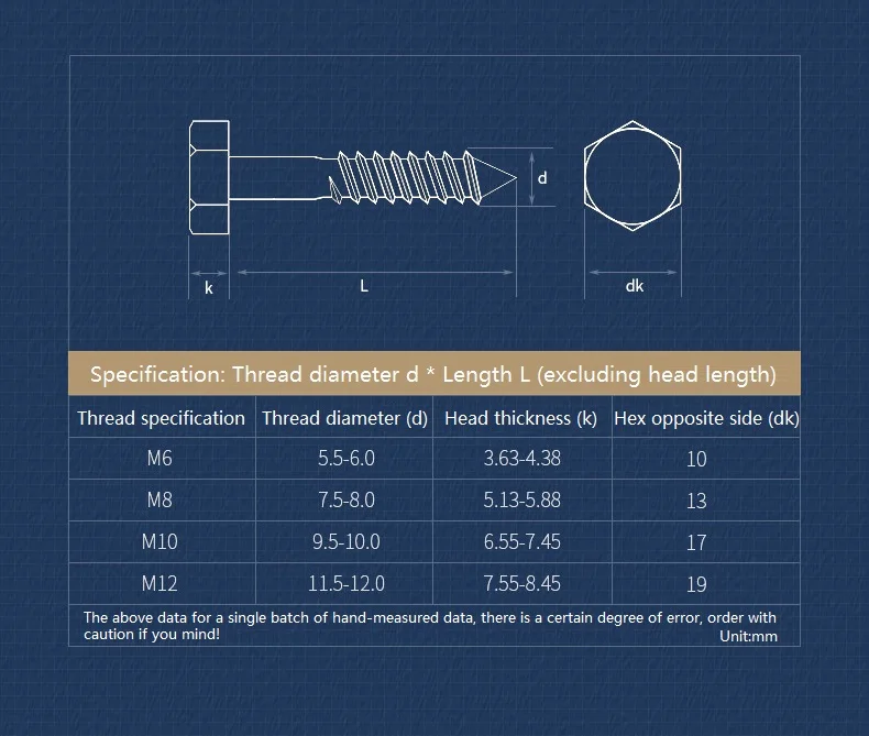 M6 M8 M10 M12 304 / 316 Stainless Steel Hexagon Self-tapping Wood Screws Lag Bolts Length 25mm~200mm