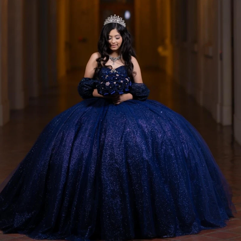 

Navy Blue Shiny Quinceanera Dresses Off Shoulder Ball Gown Sweet 16 Dress Beading Crystal Tull Birthday Party Vestidos 15 De