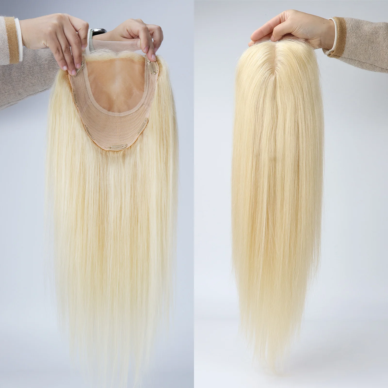 #613 Honey Blonde Virgin Human Hair Topper 6x6 Inch With 4x4 Inch Silk Base Topper For Women Big Size Hair Pieces With Clips In