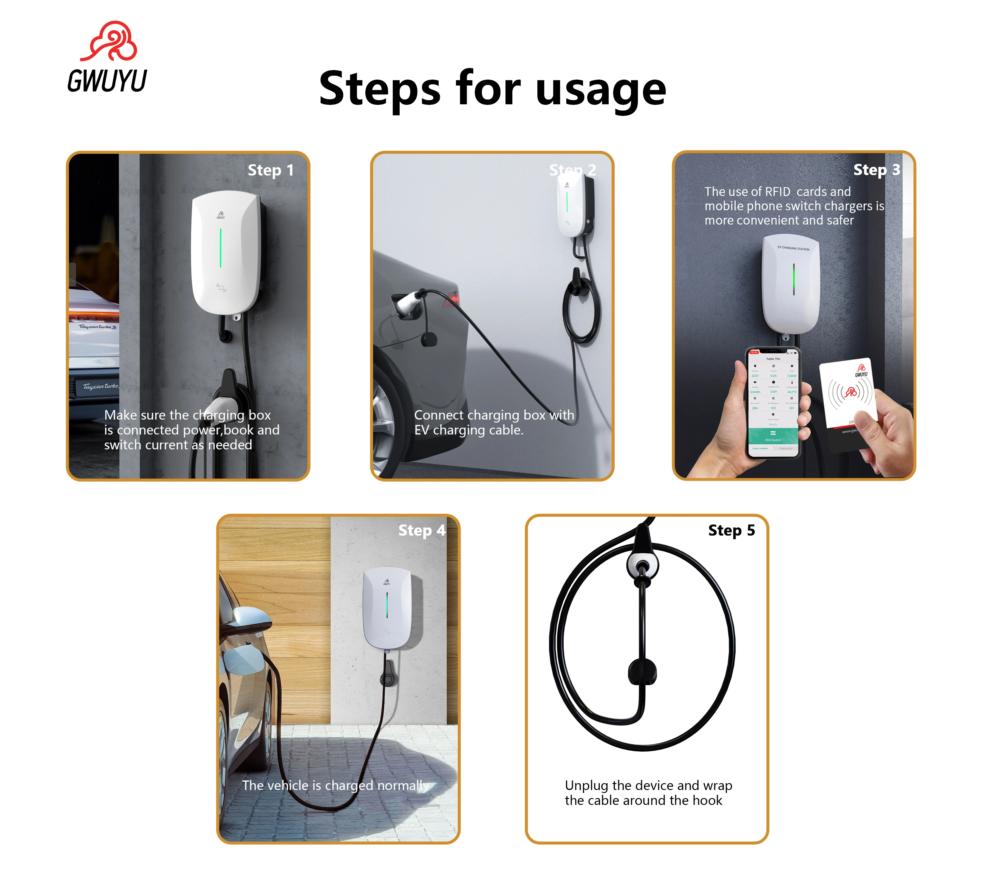 GWUYU-Estação de carregamento do veículo elétrico, carregador rápido, tipo 2, 3 Phase App, Wi-Fi, cartão RFID, Wallbox, veículo elétrico, 220V,