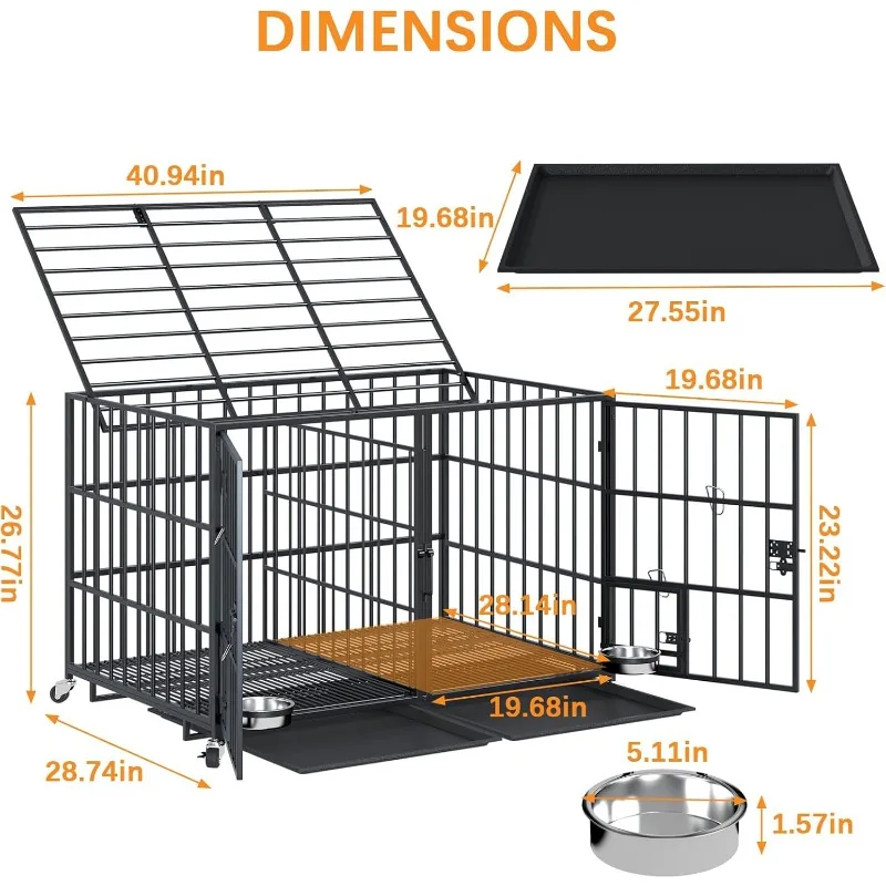 aboxoo 42 inch Heavy Duty Metal Dog Crate, All Metal Open Top Stackable,Dog Kennel Indoor with Wheels,Floor Grid, Tray, Divider