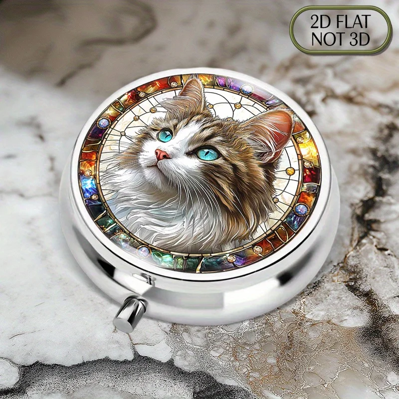 Single-piece flat portable round metal pill box, adorned with a mysterious and exquisite cat pattern, embellished with gem-like details, suitable for storing medication, vitamins, jewelry, or coins, making it a perfect gift for Father's Day or holidays, with a flat design