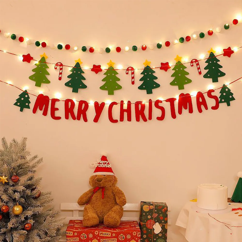 Christmas Party Furry Balls Flag Pendant with LED String Light DIY Handmade for Merry Christmas Holiday Decoration Xmas Pendant - Image 3