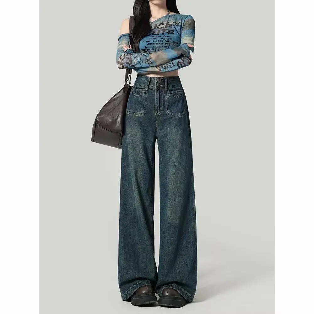 

Deep Blue Wide Leg Jeans Autumn 2024 New High Waisted Loose Double Buckle Straight Leg Loose Slimming Floor Pants