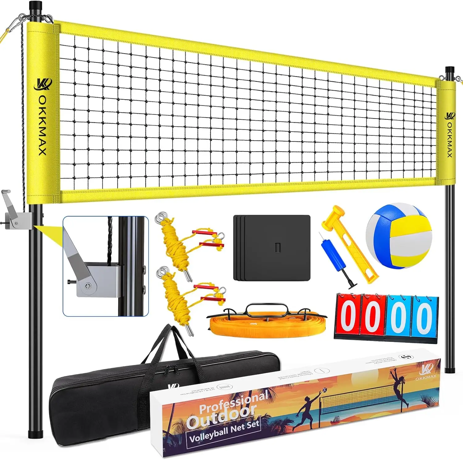 Adjustable Volleyball Net Set for Outdoor Use with Anti-Sag Poles, Portable Beach Volleyball Kit Including Ground Anchor Plates, Scoreboard, Boundary Lines, and Carrying Bag for Backyard, Sand, or Grass Courts