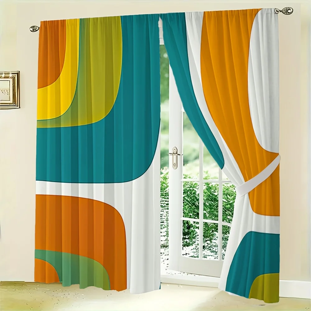 2pcs Mid-Century Abstract Curtains No Rod — Rounded Color Blocks in Orange, Teal & Lime on White for Living Room, Bedroom, Hotel