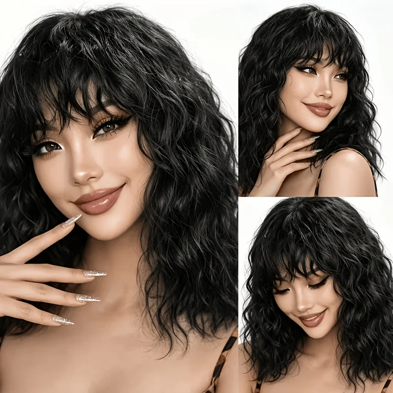15.75-Inch long curly women's wig with body texture - heat resistant synthetic hair and breathable mesh cover,
