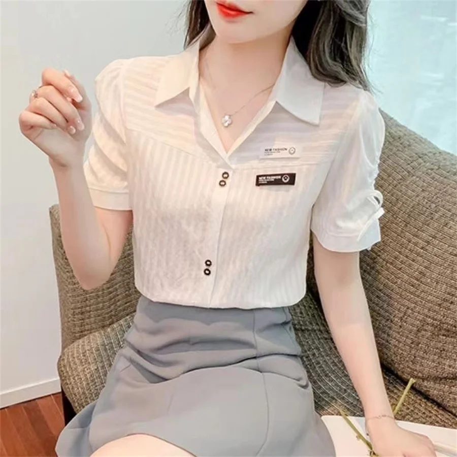 Woman Summer Style Blouses Shirts Lady Casual Short Sleeve Turn-down Collar Solid Color Blusas Tops DF4392