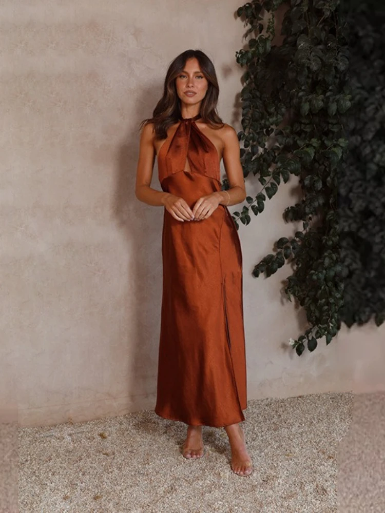 2025年夏新作 レディース セクシー ウエストマーク ネックレス スリット入り ロング ノースリーブ サテン素材 通勤 通学 バカンススタイル ワンピース