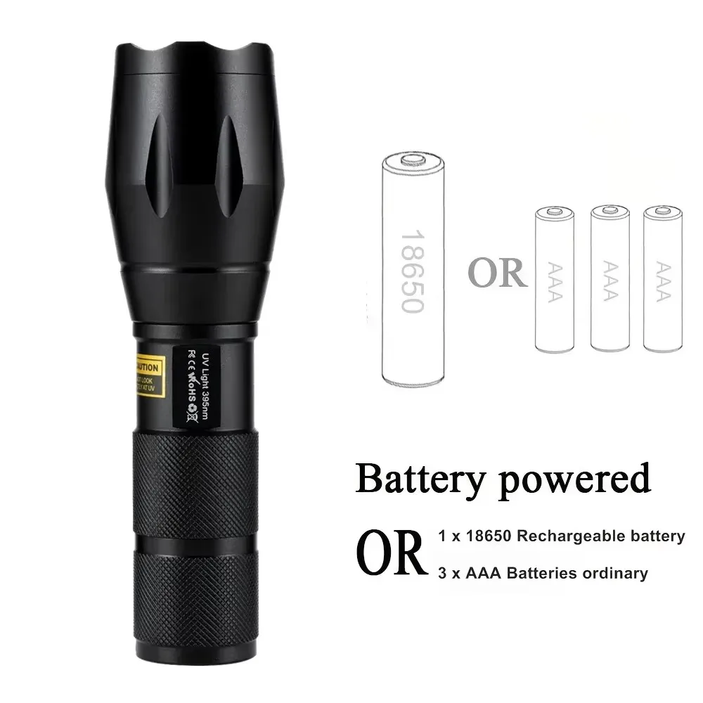 Zoom UV LED Flashlight 365nm 395nm Invisible Ink Marker Cat Dog Urine Tinea Ore Money Scorpion Fluorescence Light Use AAA 18650