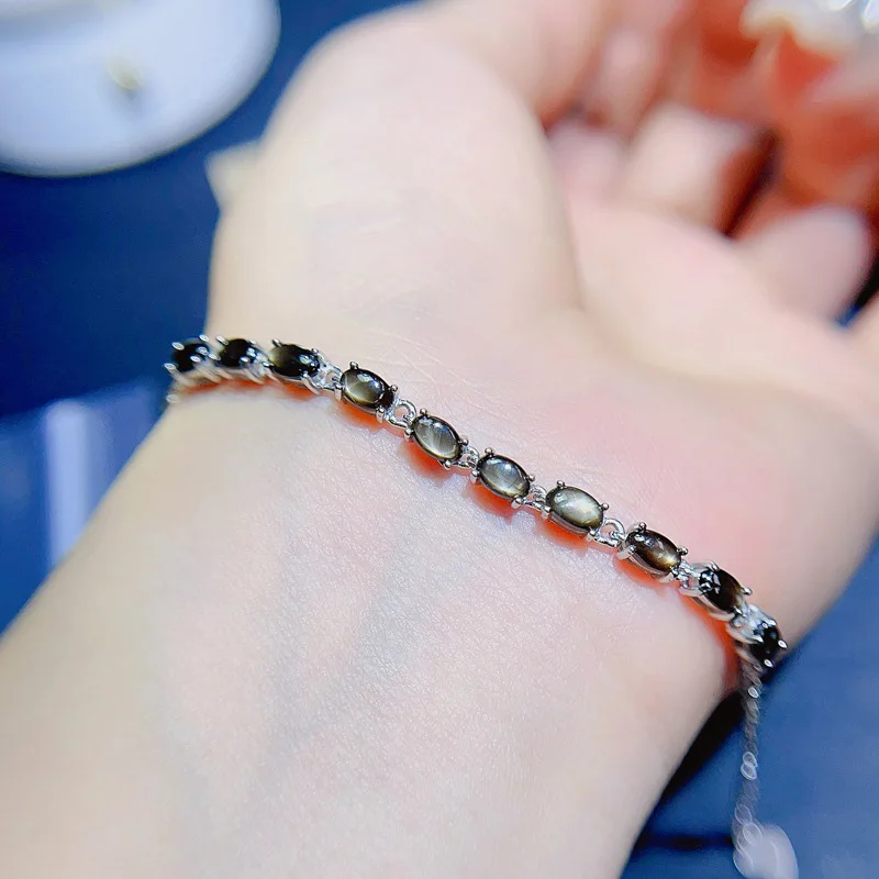 Total 2.5ct Natural Star Light Sapphire Bracelet with Gold Plating 3mm*5mm Grey Sapphire Silver Bracelet for Office Woman