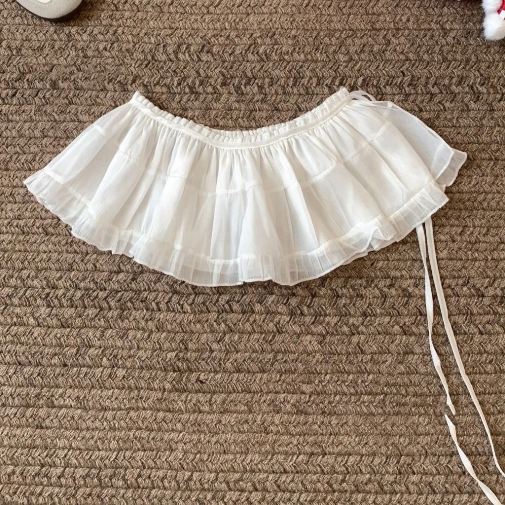 Rok Mini Renda Manis Modis Rok Kasa Gaya Korea Bunga Rok Tepi Kerut Pinggang Tinggi Bertali Wanita