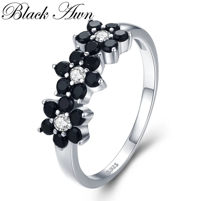 [BLACK AWN] Vintage 2.1g Silver Color Jewelry Bague Flower Black Spinel Engagement Rings for Women Girl Gift C464