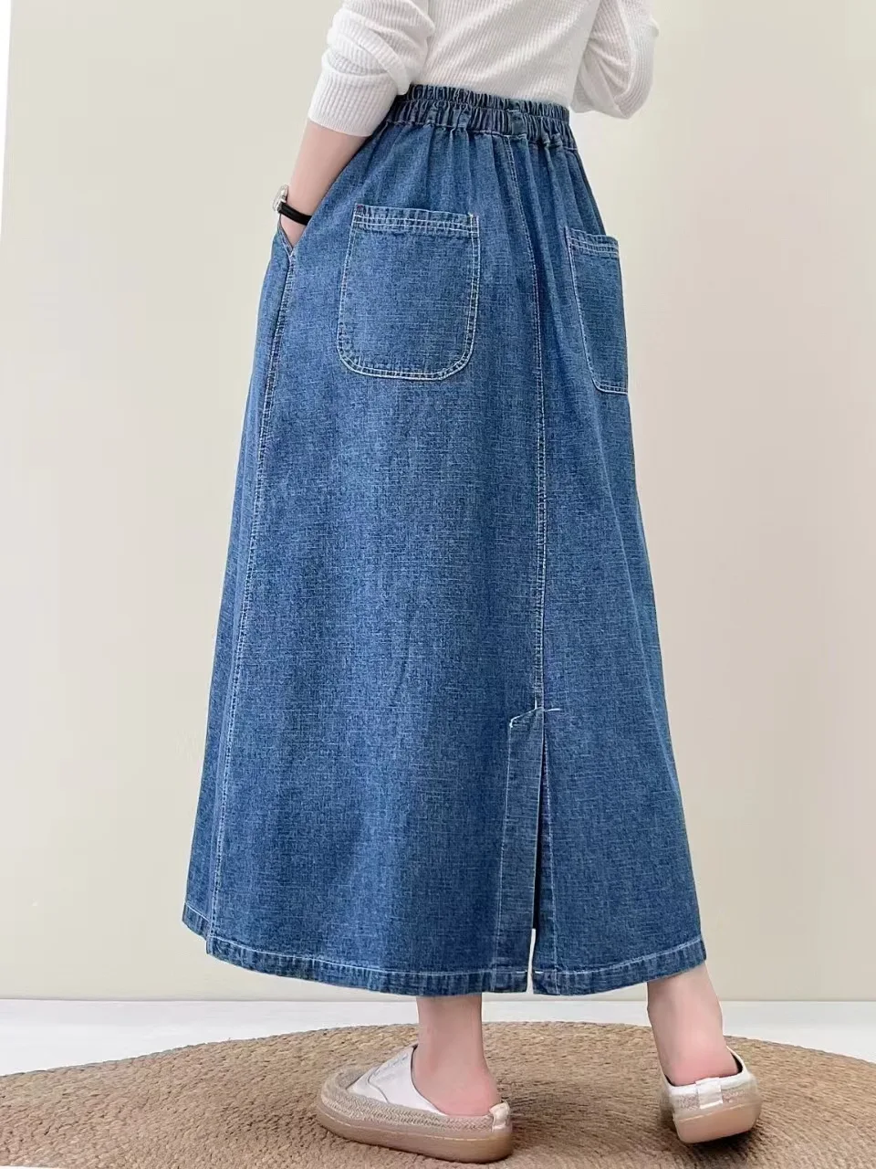 Free Shipping 2024 New Blue Long Mid-Calf Women Elastic High Waist Spring Summer Denim Lady  A-Line Slit Blue Skirts