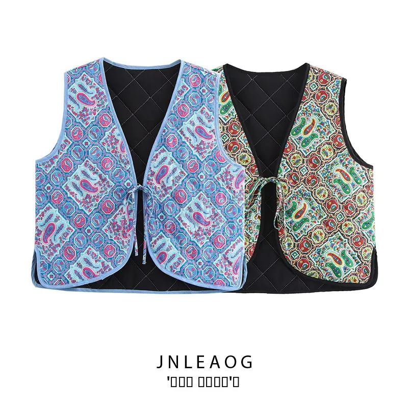 

Faionable хлопковый жилет, топ, женский многослойный дизайн с принтом, осенний новый Sle, круглый, без пуговиц, полиэфирное волокно