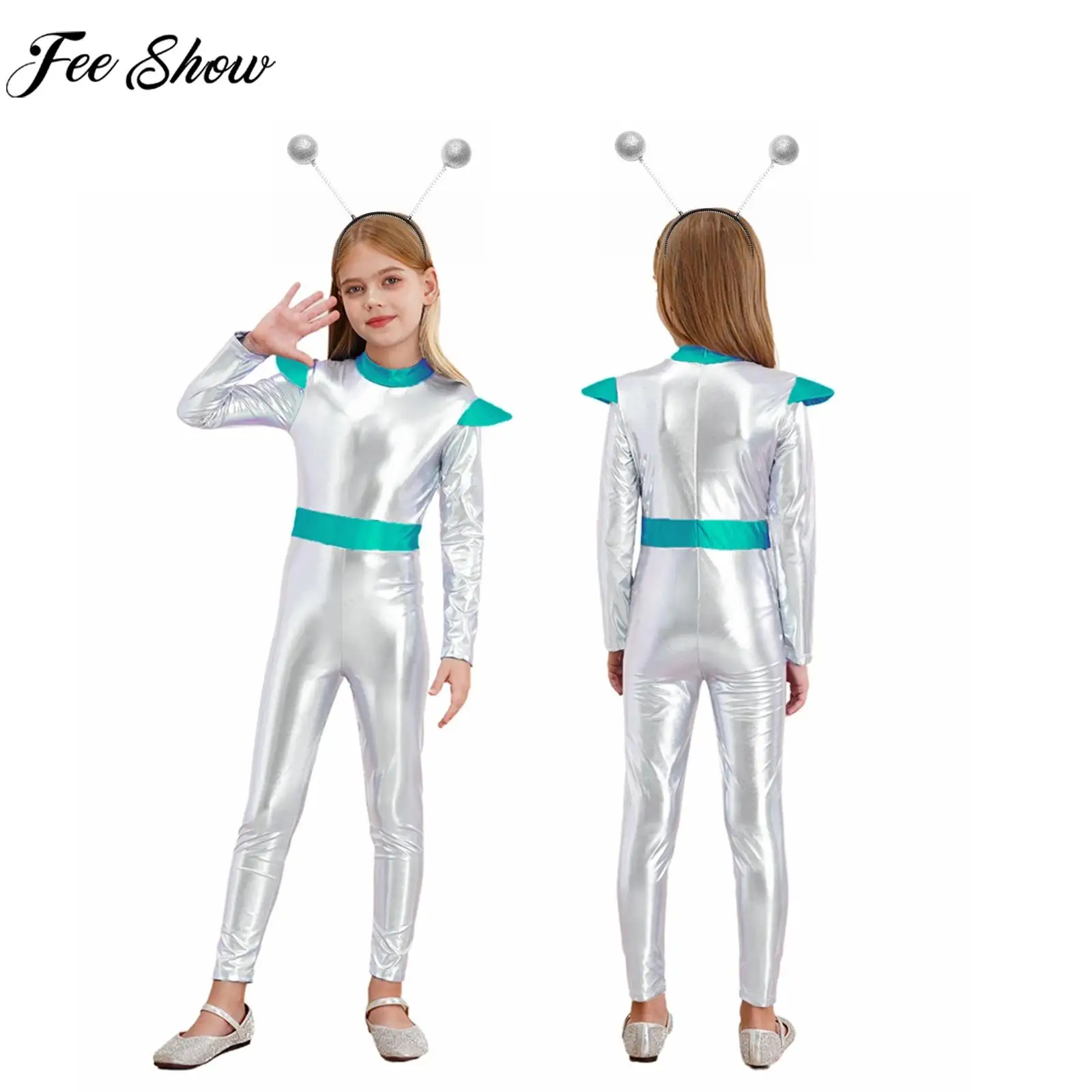 Kids Halloween Carnival Theme Party Alien Outer Space Man Cosplay Costume Long Sleeve Metallic Shiny Bodysuit with Hair Hoop