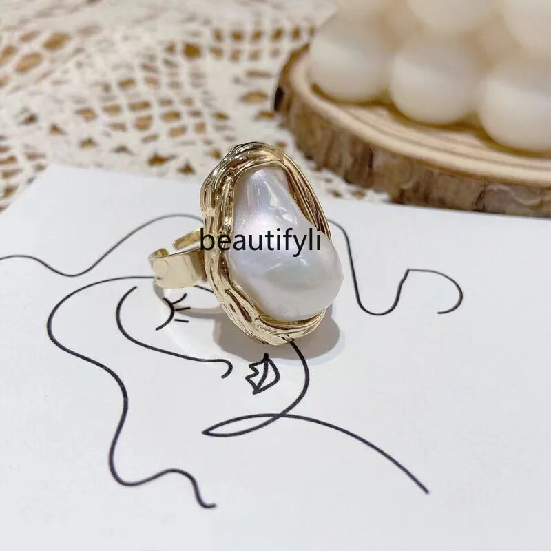 European American Graceful Geometric Irregular Pearl Ring Special-Interest Design Refined Personalized Trendy Vintage Ring Ring