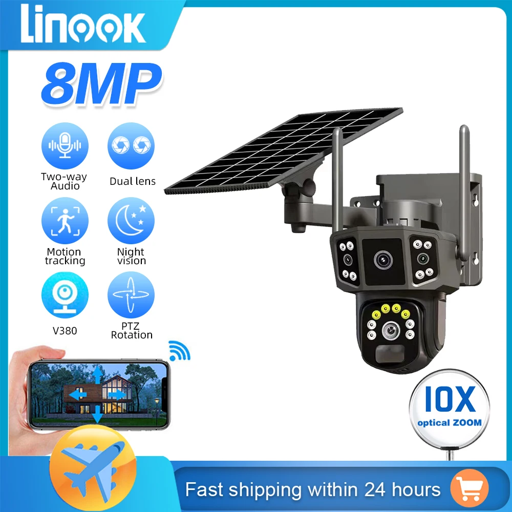 Linook V380, 4K 듀얼 렌즈, 10X, 야외 보안 카메라, CCTV 무선 와이파이 태양광 폐쇄 회로 텔레비전, 4G SIM 태양광 카메라 