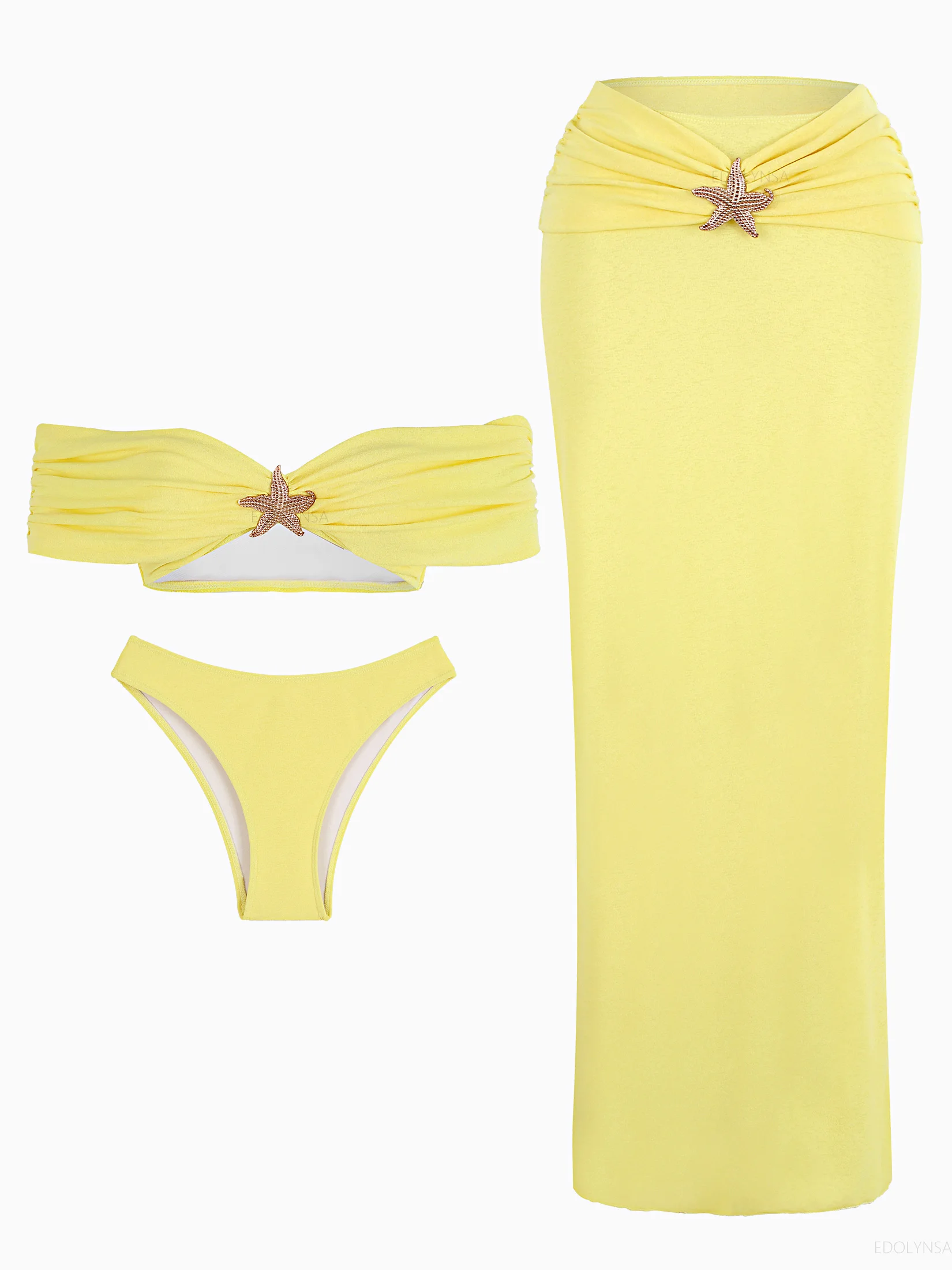 

Butter Yellow Drop Shoulder Top Elegant Beachwear Vacation Outfits Solid Nightclub Party Dress Bikini Set 2 Piece Swimsuit K250