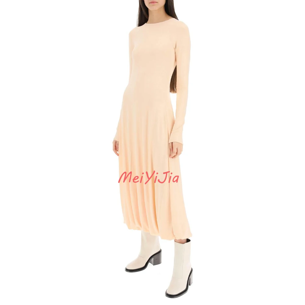 

MeiYiJia O-Neck Long-Sleeves Ruffle Crepe Backless Simple Tea-Length Saudi Arabia Sexy Evening Birthday Club Outfits Summer 2024