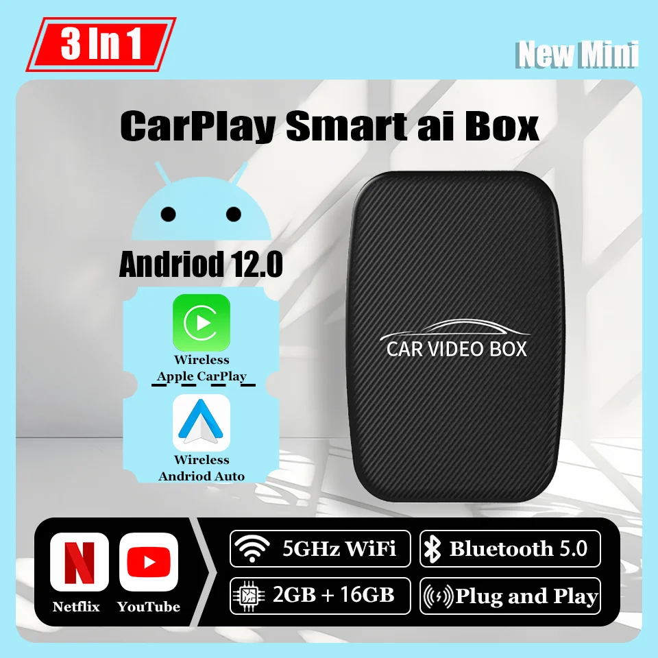 New CarPlay Ai Box Android 13 Wireless Android Auto & Apple CarPlay 3In1 Smart TV Box Built-in Youtube Netflix 5GHz Wifi BT 5.0