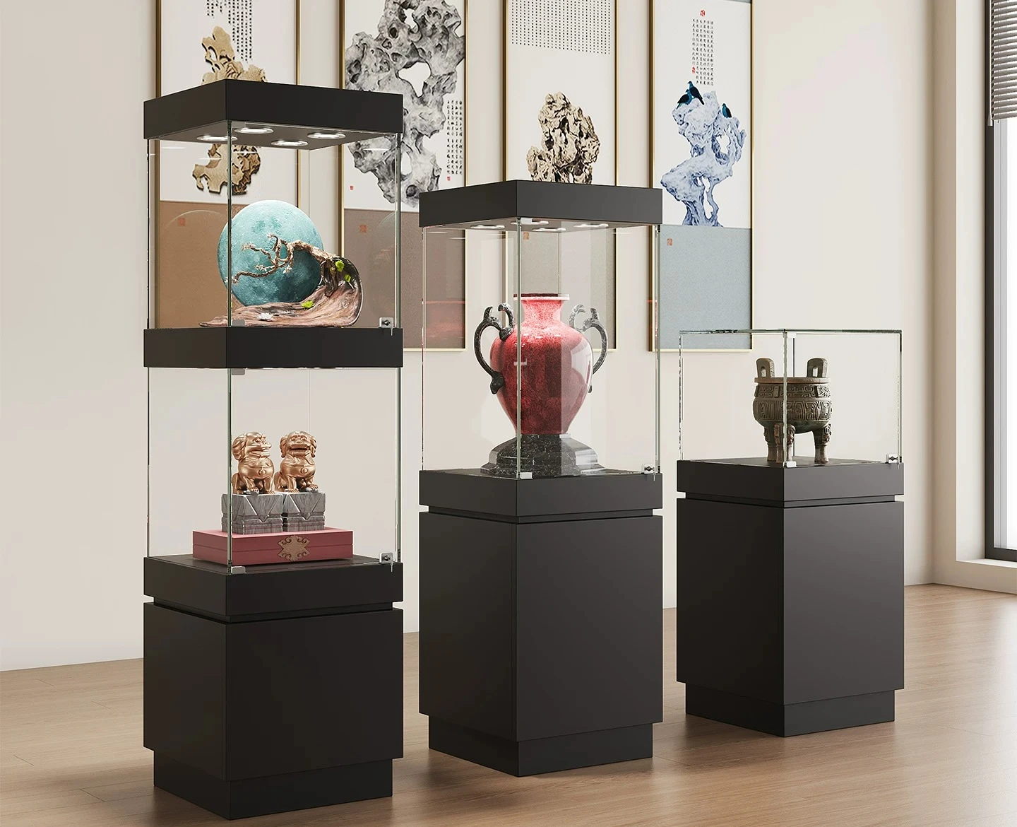 Ceramic and jewelry display cabinets, museum antique exhibition, sample antiques, figures, glass  display