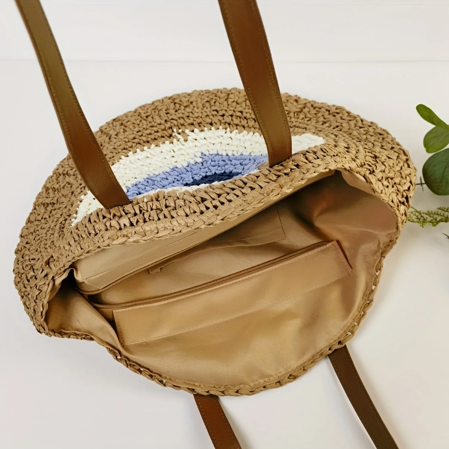 Contrast Straw Woven Tote Bag, Large Capacity Summer Beach Bag, Casual Travel Holiday Shoulder Bag