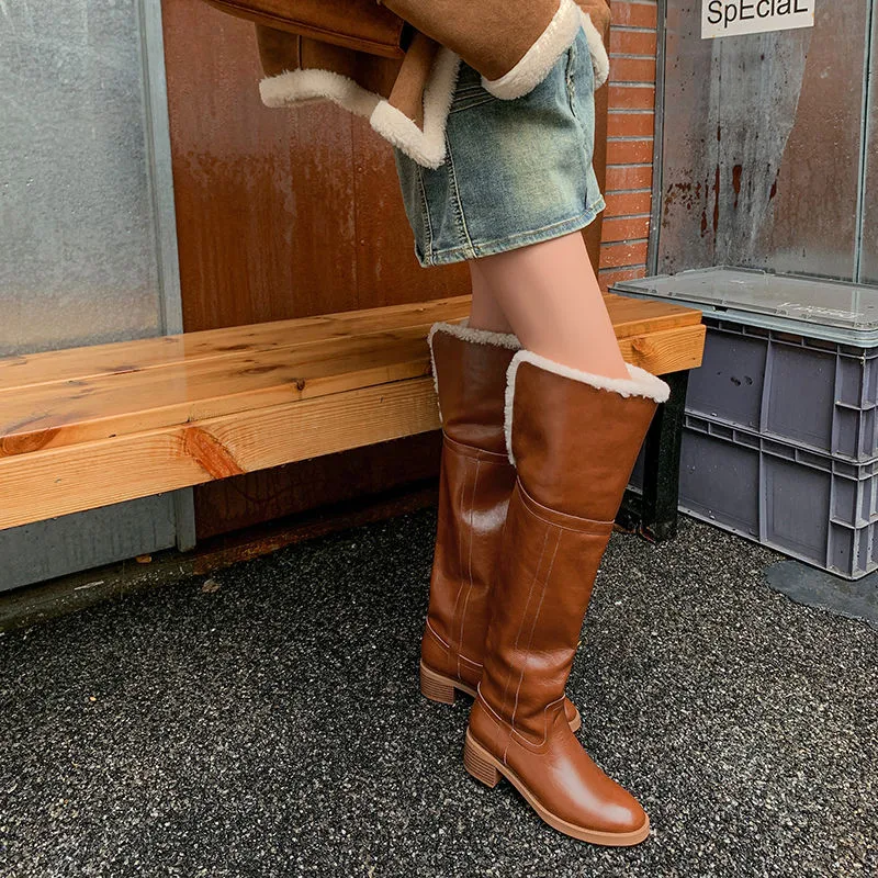 MKKHOU Fashion Over The Knee Boots Women\'s New High-Quality Genuine Leather Boots Wool Boots Winter Warm Snow Boots Long Boots