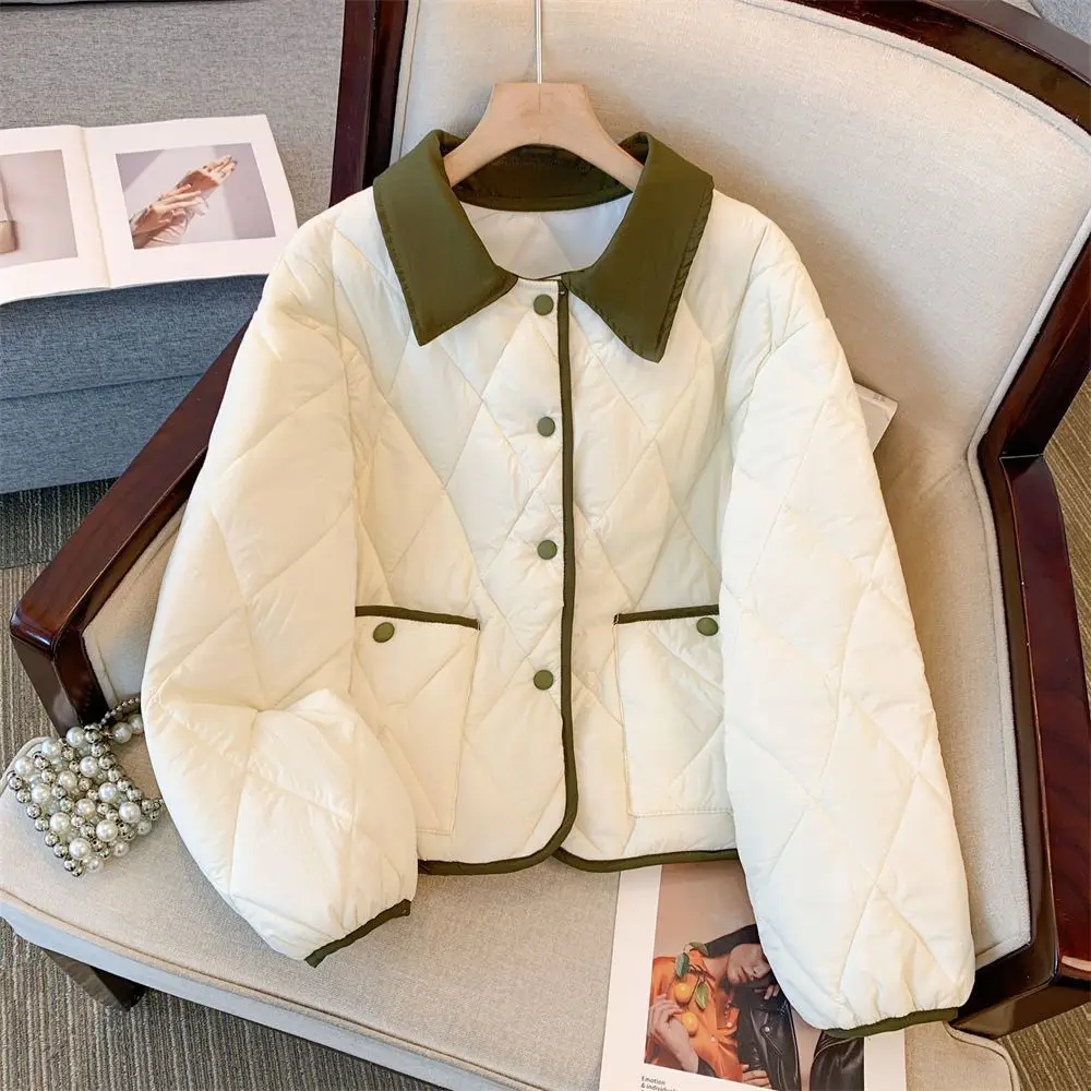 Contrasting Color Lapel Rhombus Cotton Clothes Women Autumn Winter Jackets New Loose Light Thin Cotton Coat Female Outerwear