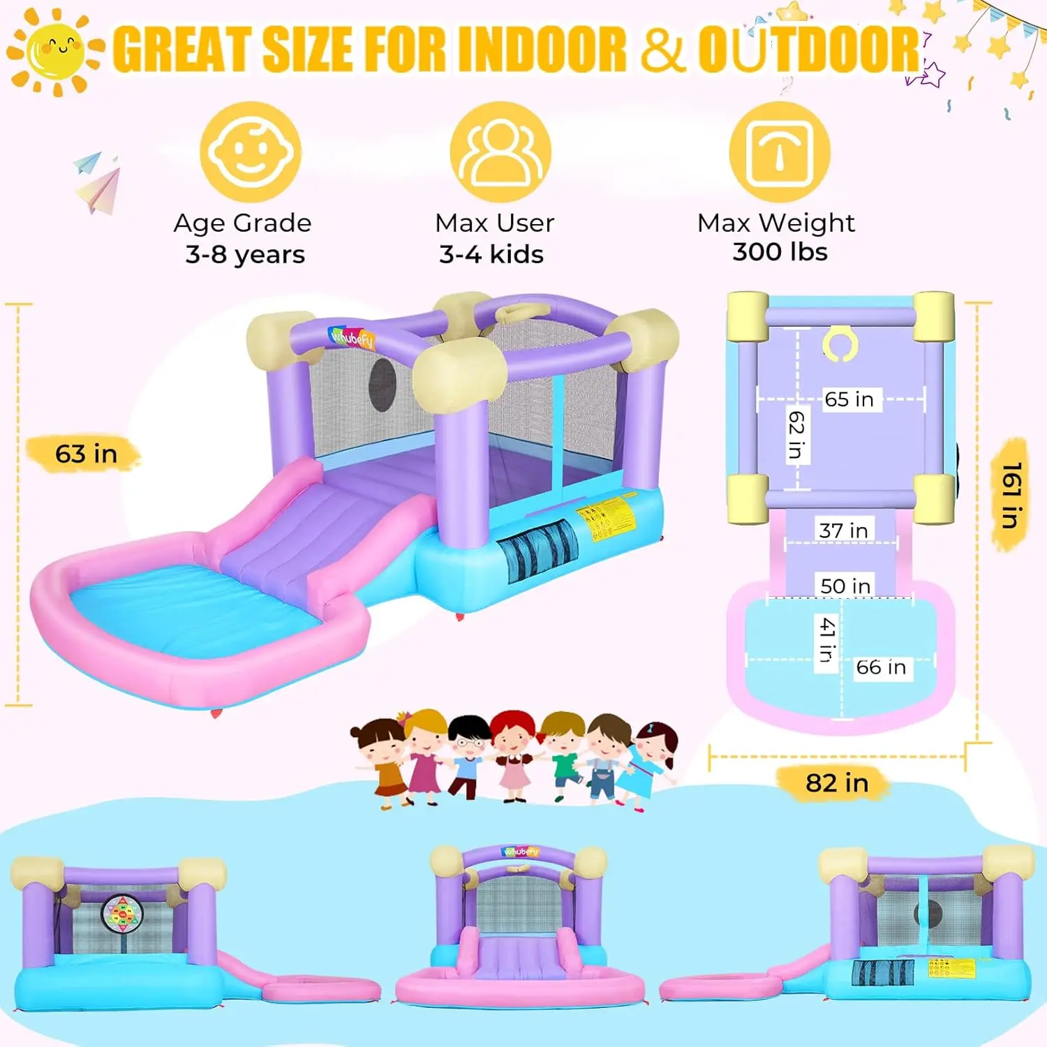 منزل ترتد وردي قابل للنفخ للأطفال ، حديقة مائية الكل في واحد للقفز والانزلاق مع 50 كرة المحيط ، 6 كرات دارت ، 2-8 ، 161x82x63