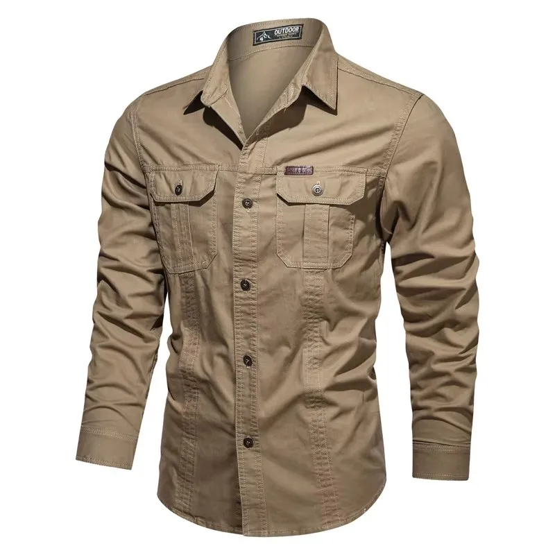 New Fashion Shirt Men\'s Spring and Autumn Long sleeved Solid Color Shirt Military Outdoor Shirt Large Outdoor Workwear